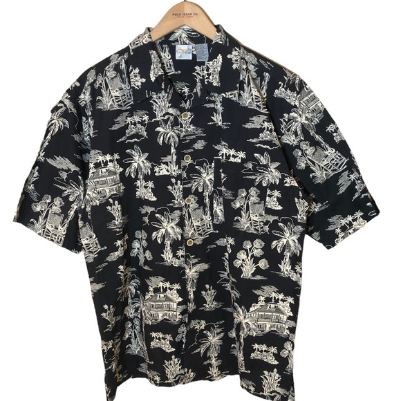 OP Ocean Pacific Sport Black Hawaiian Tiki Hut Aloha Camp Lounge Shirt L - Picture 2 of 11
